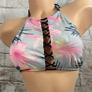 PINK Victoria's Secret Bikini Top Floral Gray Pink White Halter Strappy XS